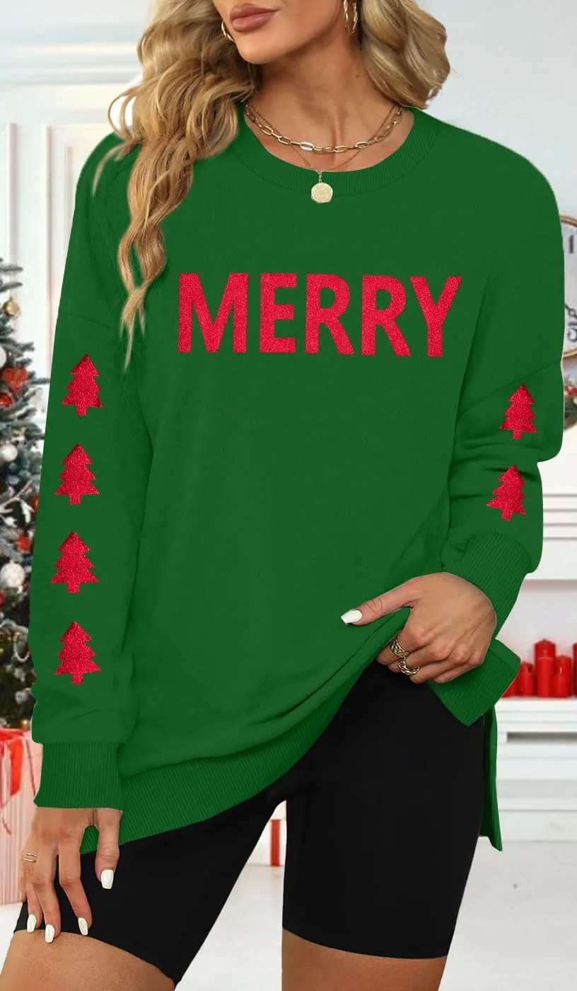 FRYAID Christmas Sweatshirts Women Funny Glitter Merry Xmas Tree Graphic Sweater Crewneck Side Slit Long Sleeve Pullover Top