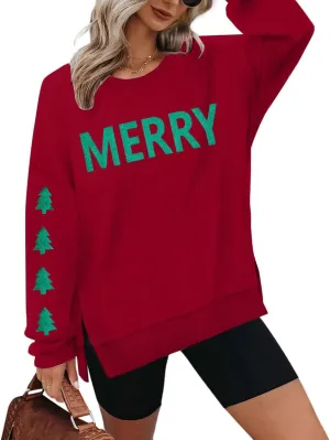 FRYAID Christmas Sweatshirts Women Funny Glitter Merry Xmas Tree Graphic Sweater Crewneck Side Slit Long Sleeve Pullover Top