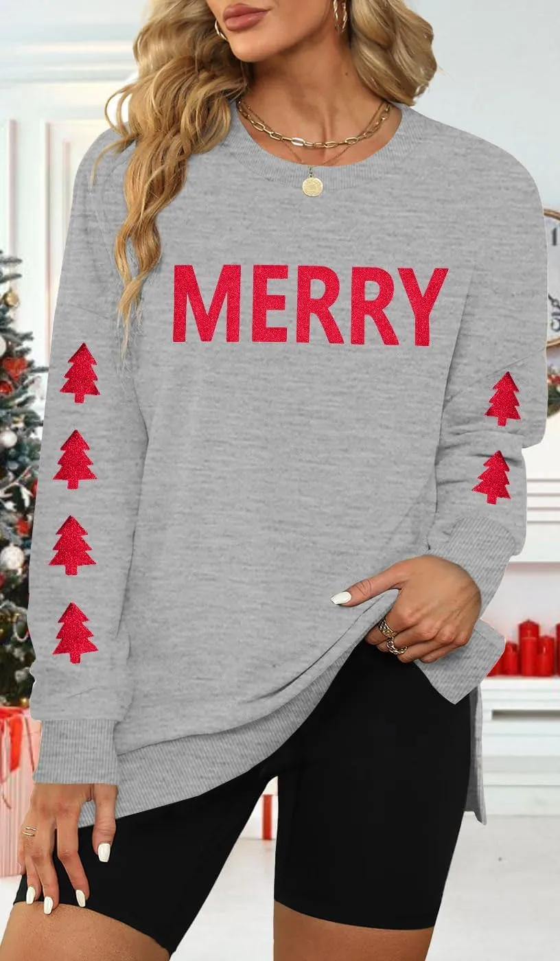 FRYAID Christmas Sweatshirts Women Funny Glitter Merry Xmas Tree Graphic Sweater Crewneck Side Slit Long Sleeve Pullover Top