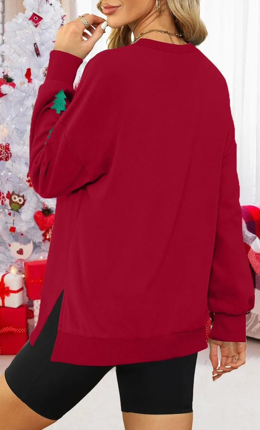 FRYAID Christmas Sweatshirts Women Funny Glitter Merry Xmas Tree Graphic Sweater Crewneck Side Slit Long Sleeve Pullover Top