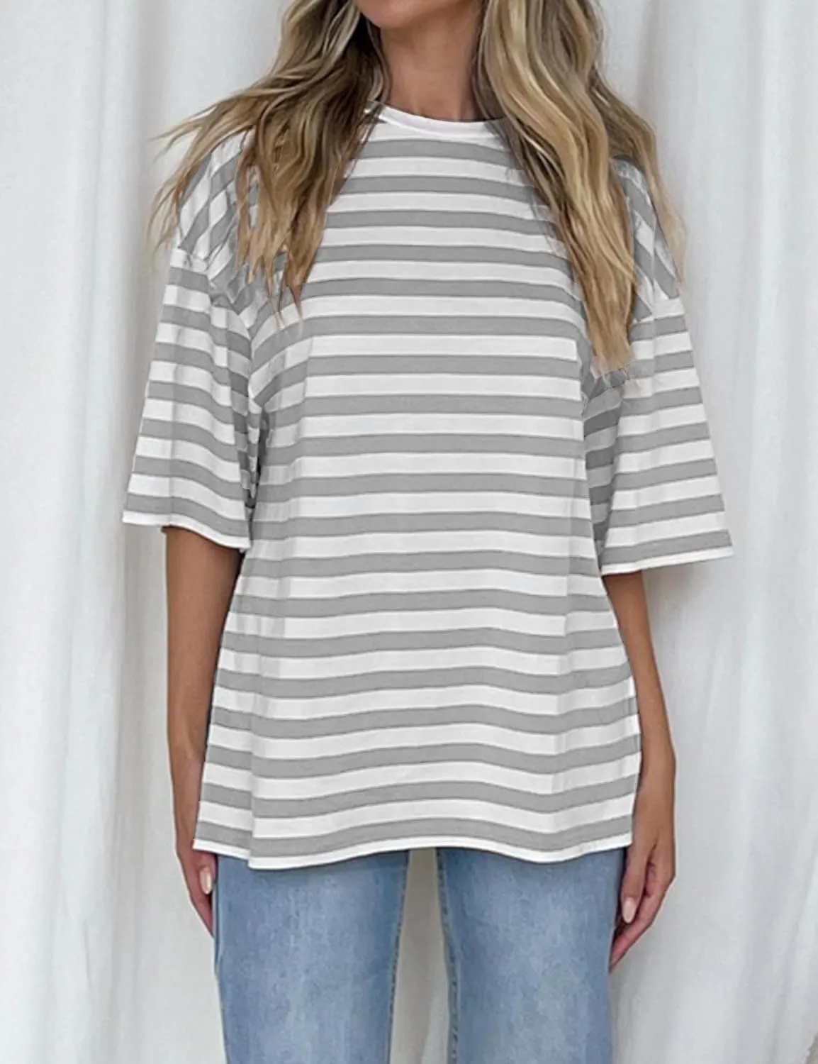 FUPHINE Women Oversized T Shirts Striped Short Sleeve Summer Tops Casual Crewneck Color Block Basic Tee Y2K Tunics 2024