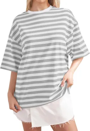FUPHINE Women Oversized T Shirts Striped Short Sleeve Summer Tops Casual Crewneck Color Block Basic Tee Y2K Tunics 2024