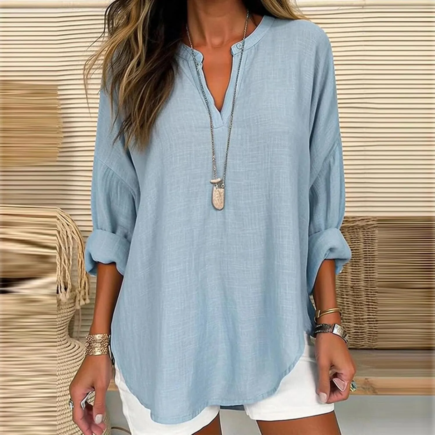 GIERIDUC Women's Long Sleeve Oversized T Shirts Side Slit Loose Casual V Neck Tunic Tops Roll-up Sleeve Soft Tshirts Blouse