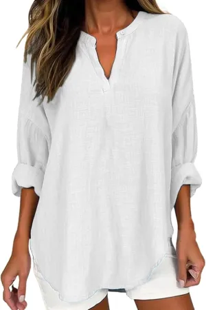 GIERIDUC Women's Long Sleeve Oversized T Shirts Side Slit Loose Casual V Neck Tunic Tops Roll-up Sleeve Soft Tshirts Blouse