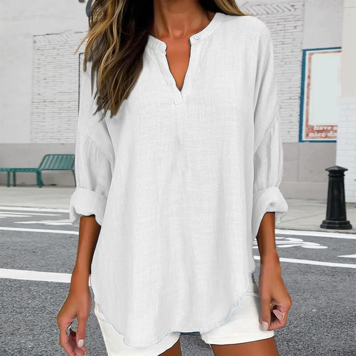 GIERIDUC Women's Long Sleeve Oversized T Shirts Side Slit Loose Casual V Neck Tunic Tops Roll-up Sleeve Soft Tshirts Blouse