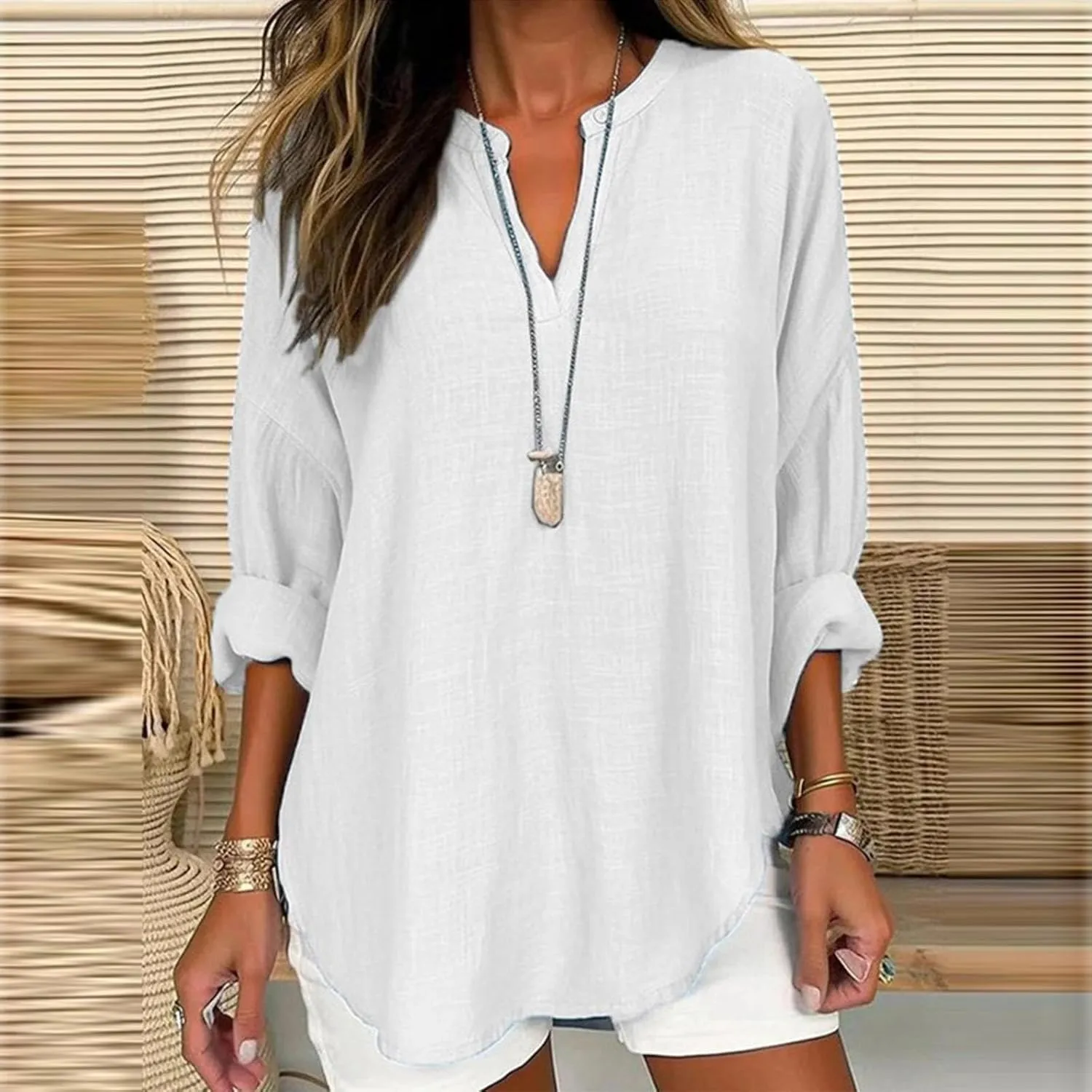 GIERIDUC Women's Long Sleeve Oversized T Shirts Side Slit Loose Casual V Neck Tunic Tops Roll-up Sleeve Soft Tshirts Blouse