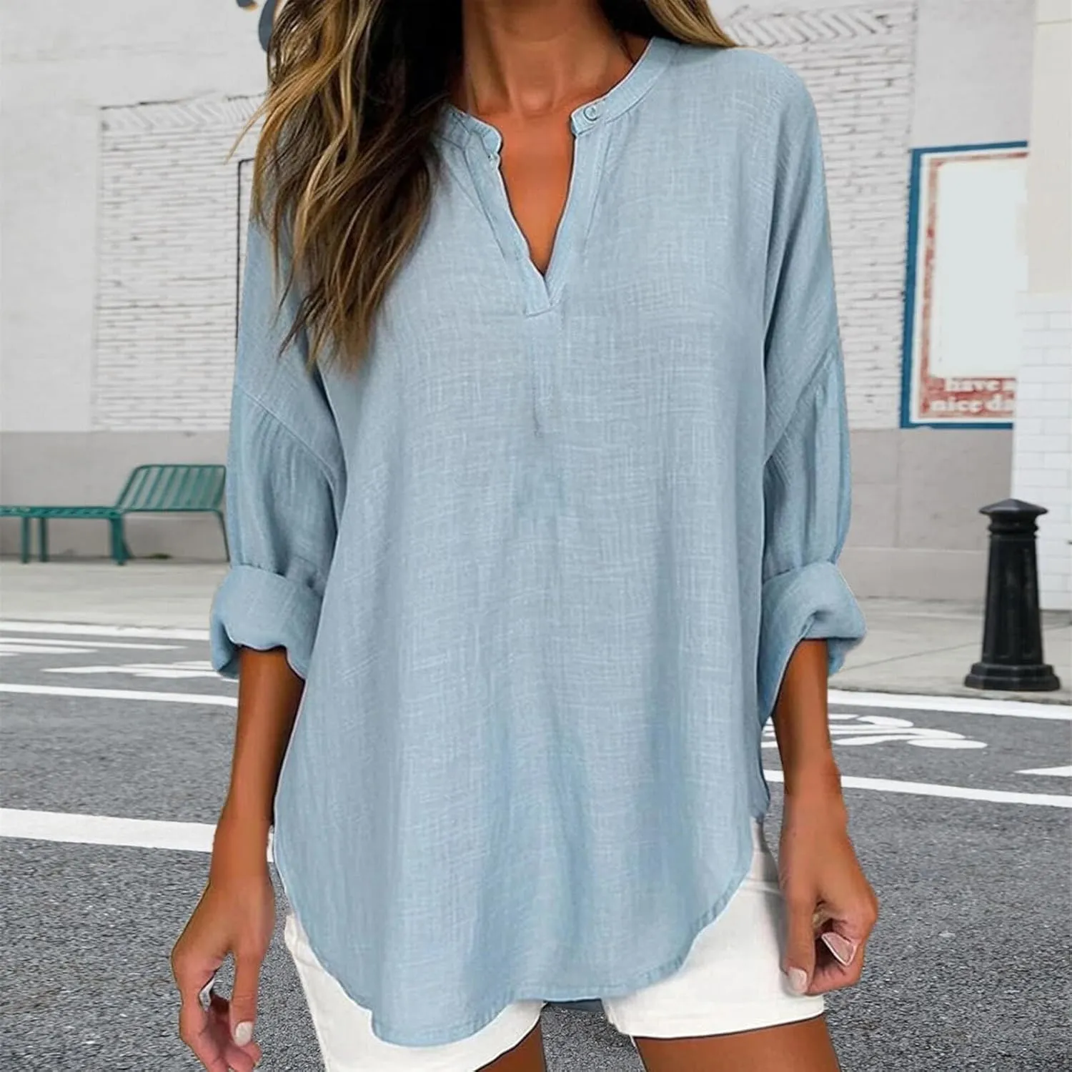 GIERIDUC Women's Long Sleeve Oversized T Shirts Side Slit Loose Casual V Neck Tunic Tops Roll-up Sleeve Soft Tshirts Blouse