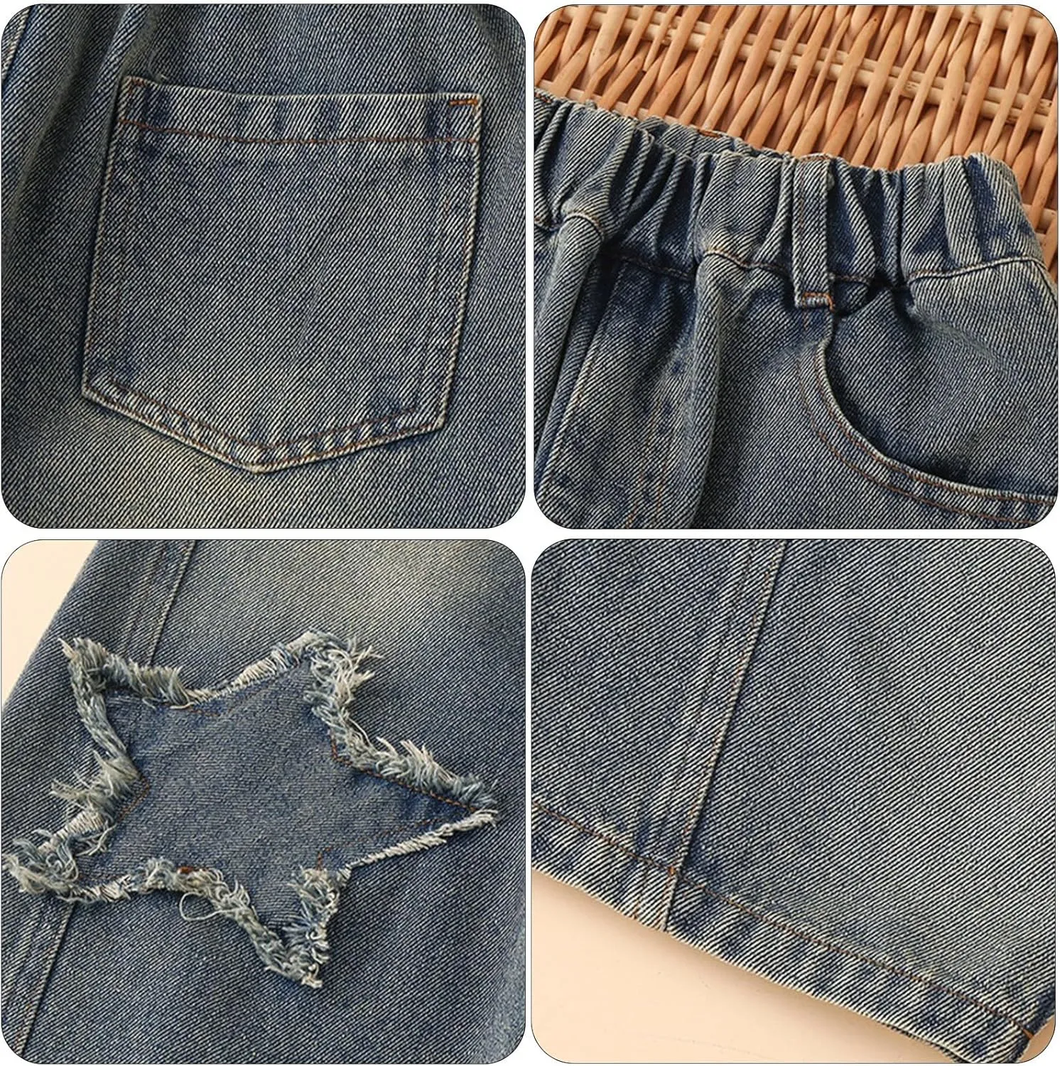Girls Wide Leg Distress Jeans Teens Star Pattern Distressed Denim Pants Y2K High Waisted Straight Baggy Loose Fit Pants