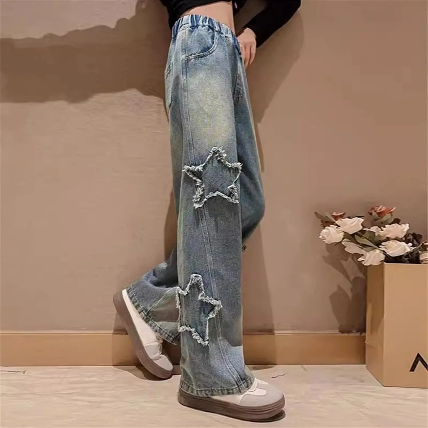 Girls Wide Leg Distress Jeans Teens Star Pattern Distressed Denim Pants Y2K High Waisted Straight Baggy Loose Fit Pants