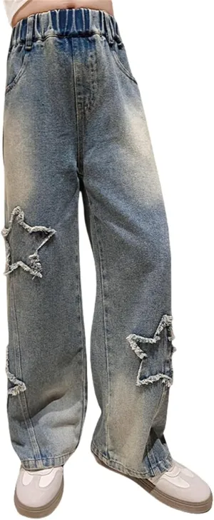 Girls Wide Leg Distress Jeans Teens Star Pattern Distressed Denim Pants Y2K High Waisted Straight Baggy Loose Fit Pants
