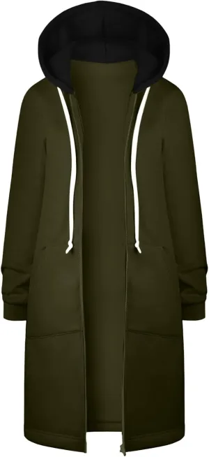 GOFULY Hooded For Women Full Zip Knee Length Tunic Sweatshirt Dresses Fleece Fall Jackets Long Sleeve Solid Clothes Pockets