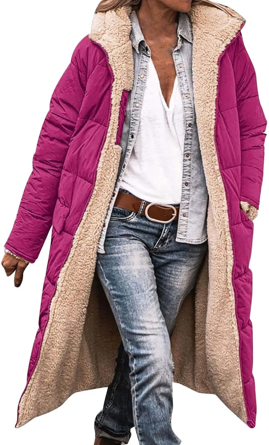GOKKILRW Womens Long Fleece Down Coats Shearling Sherpa Quilted Jacket with Hood 2024 Winter Fashion Clothes Oversized Jacket