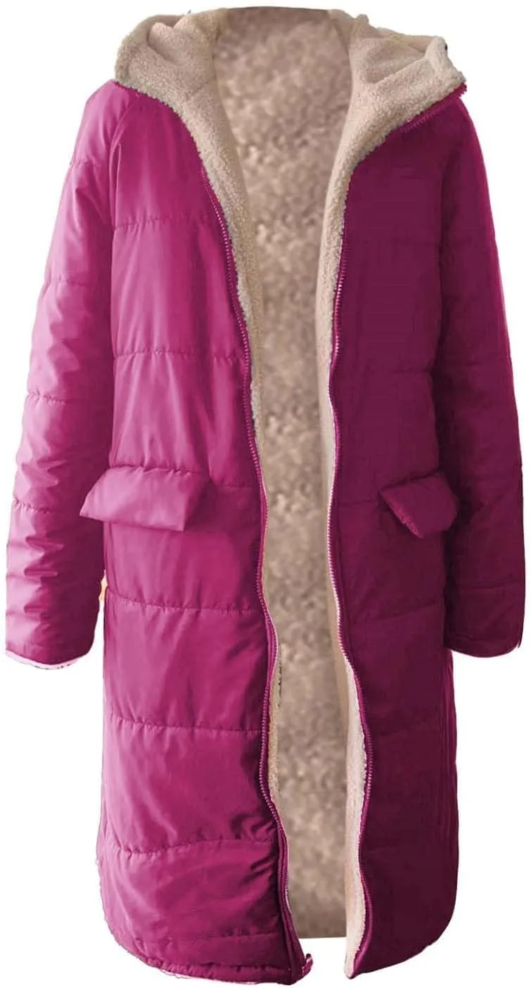 GOKKILRW Womens Long Fleece Down Coats Shearling Sherpa Quilted Jacket with Hood 2024 Winter Fashion Clothes Oversized Jacket