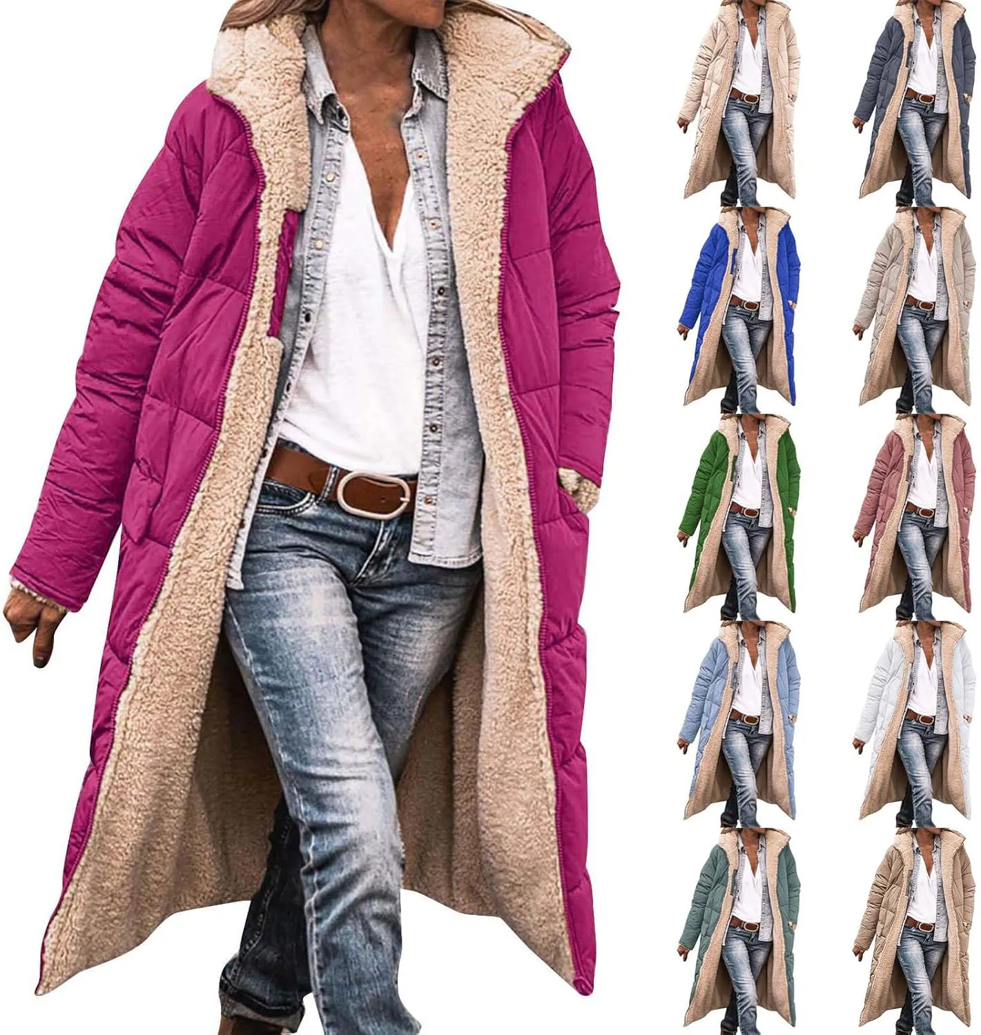 GOKKILRW Womens Long Fleece Down Coats Shearling Sherpa Quilted Jacket with Hood 2024 Winter Fashion Clothes Oversized Jacket
