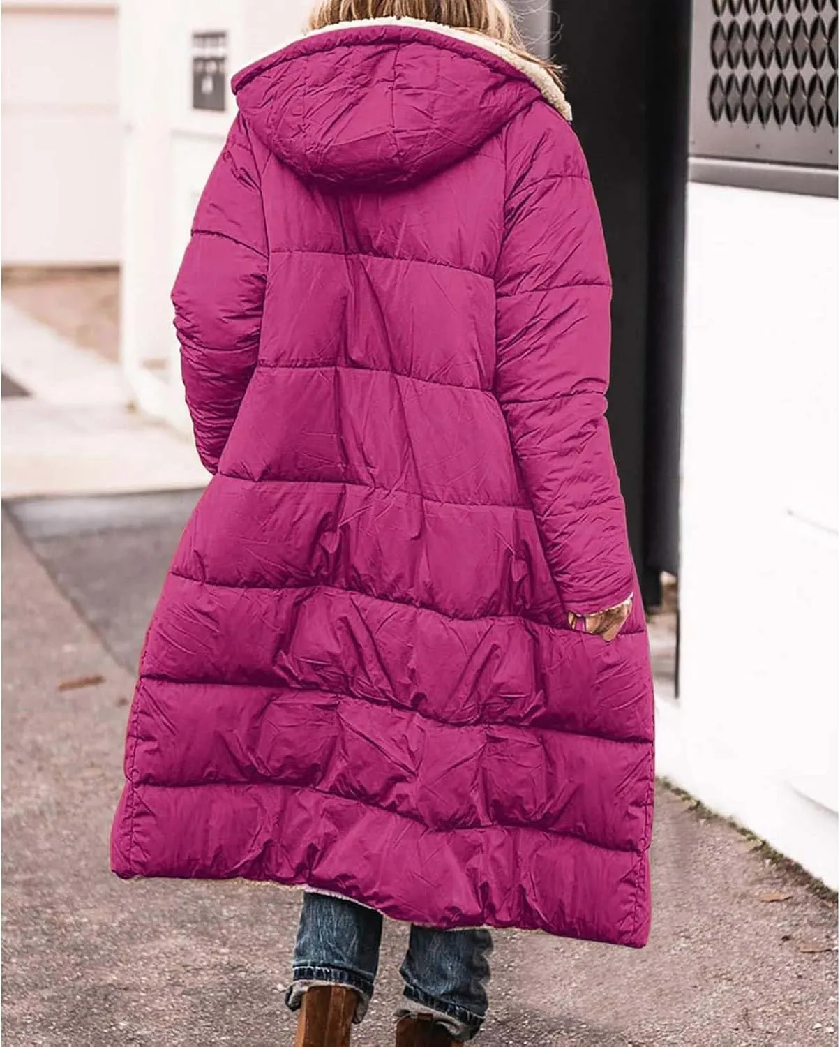 GOKKILRW Womens Long Fleece Down Coats Shearling Sherpa Quilted Jacket with Hood 2024 Winter Fashion Clothes Oversized Jacket