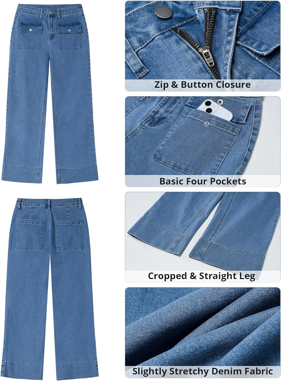 GRAPENT Wide Leg Jeans for Women Trendy High Waisted Straight Leg Cropped Stretchy Denim Pants with Retro Patch Pockets