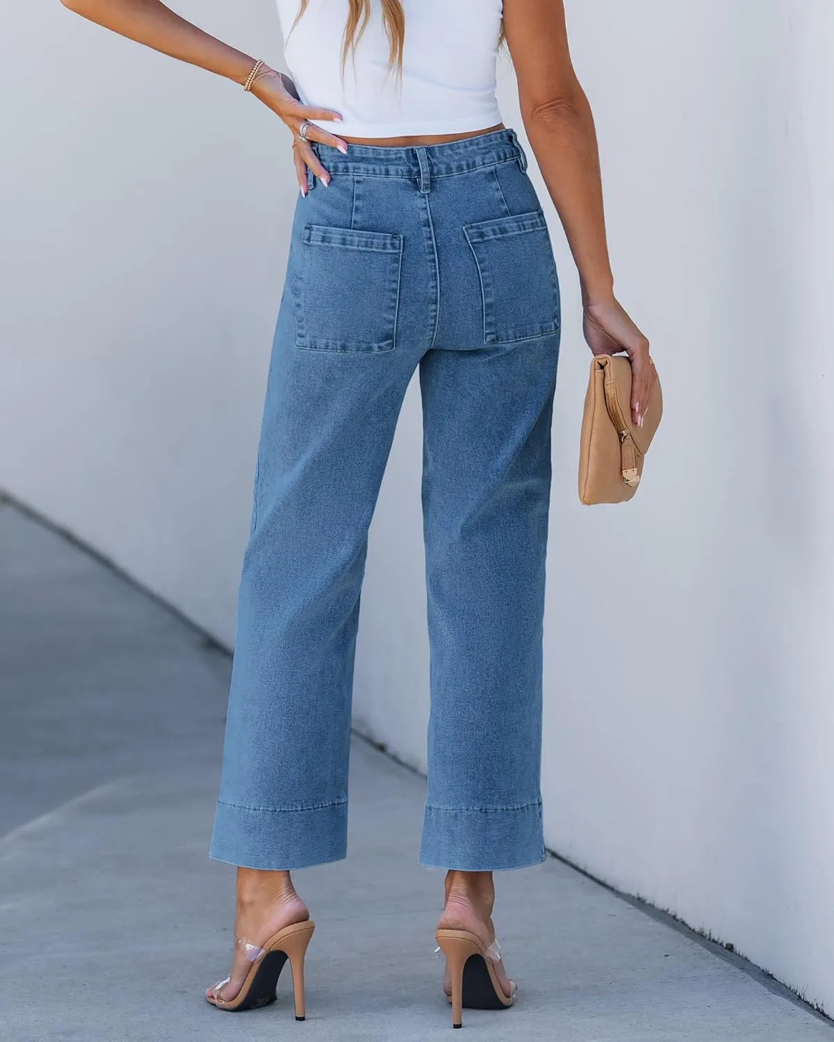 GRAPENT Wide Leg Jeans for Women Trendy High Waisted Straight Leg Cropped Stretchy Denim Pants with Retro Patch Pockets