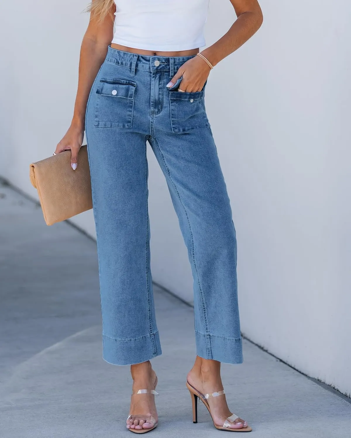 GRAPENT Wide Leg Jeans for Women Trendy High Waisted Straight Leg Cropped Stretchy Denim Pants with Retro Patch Pockets