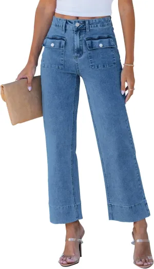 GRAPENT Wide Leg Jeans for Women Trendy High Waisted Straight Leg Cropped Stretchy Denim Pants with Retro Patch Pockets
