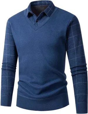 Gray Sweater Coat for Men, Men Plaid Two Piece Lapel Sweater European and Casual Loose Business Trend Long