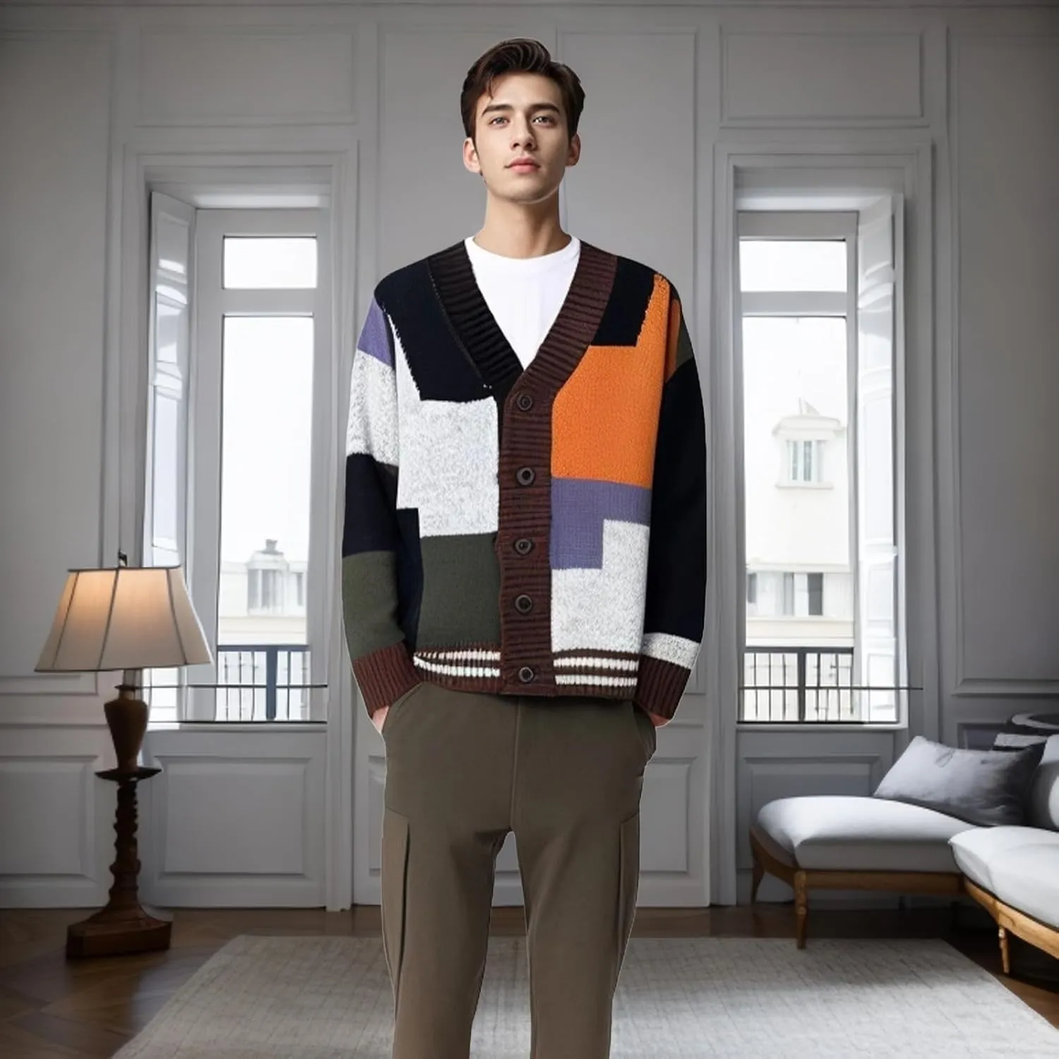 GURUNVANI Cardigan Sweater for Men Knitted Long Sleeve Sweaters with Buttons