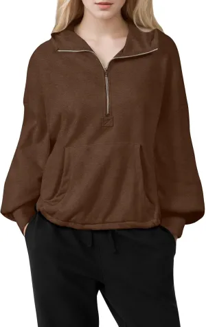 Half Zip Pullover Women Casual Long Sleeve Lapel Hooded Sweatshirt Cute Hoodies with Adjustable Drawstring Bottom