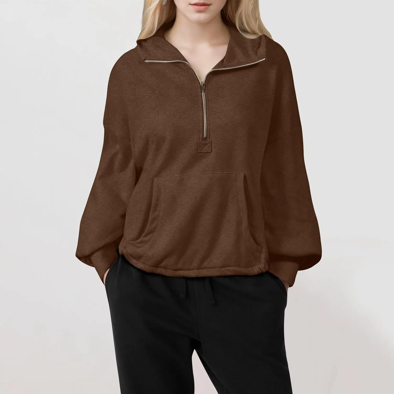 Half Zip Pullover Women Casual Long Sleeve Lapel Hooded Sweatshirt Cute Hoodies with Adjustable Drawstring Bottom