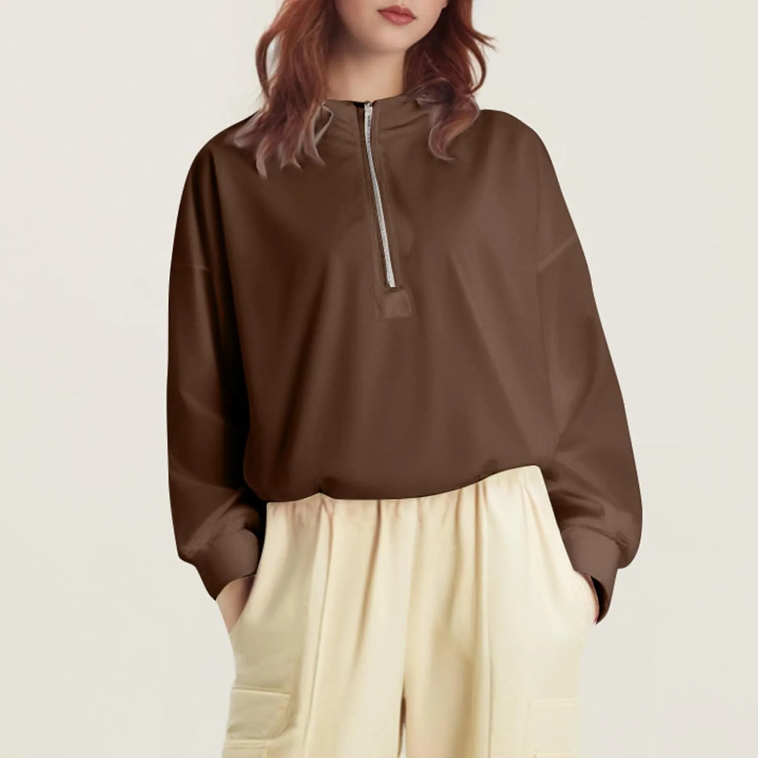 Half Zip Pullover Women Casual Long Sleeve Lapel Hooded Sweatshirt Cute Hoodies with Adjustable Drawstring Bottom