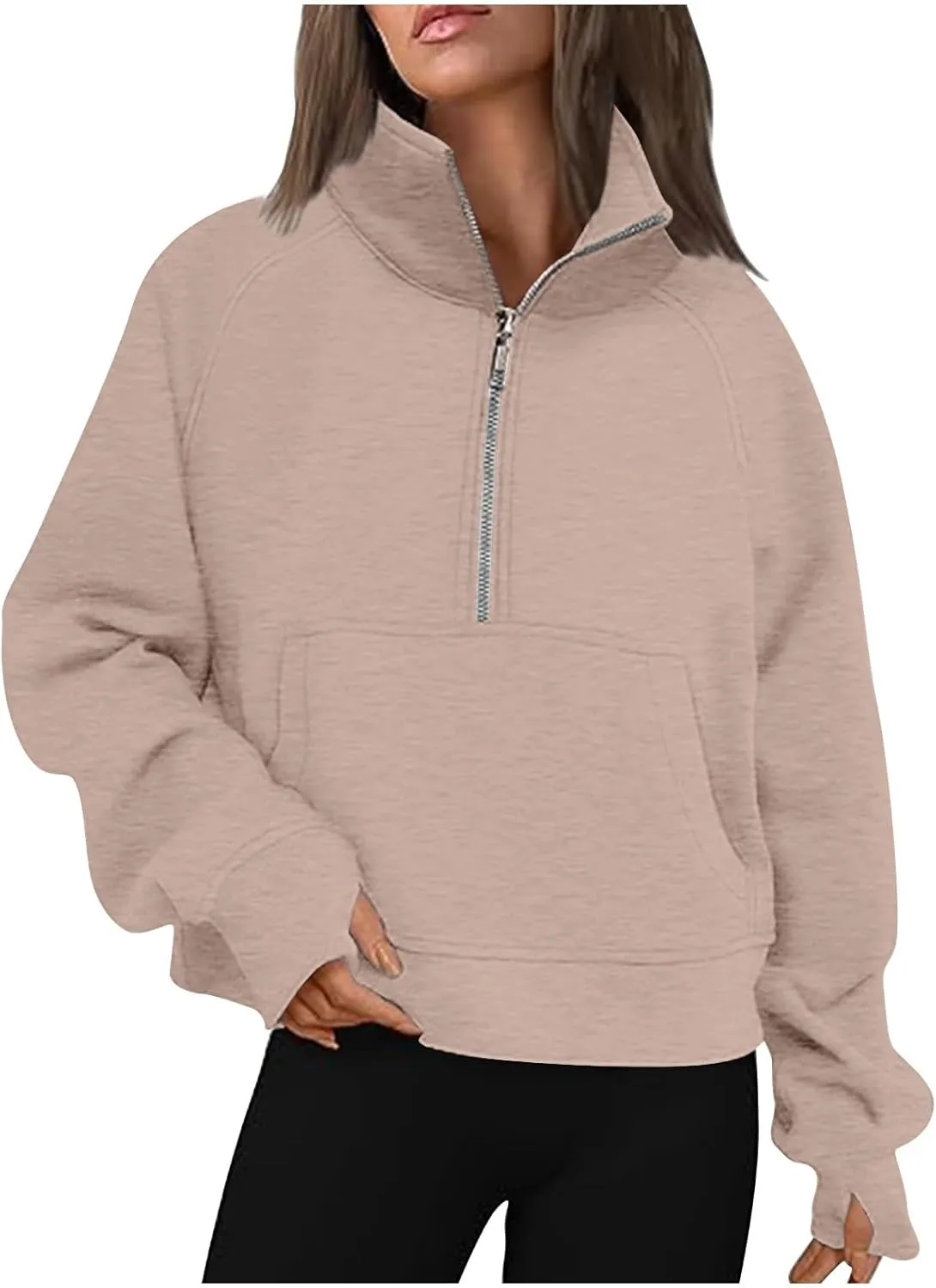 Half Zip Sweatshirts for Women Cropped Fleece Pullover Tops Thumb Hole Long Sleeve Hoodies Winter Clothes Sweaters