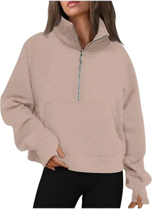 Half Zip Sweatshirts for Women Cropped Fleece Pullover Tops Thumb Hole Long Sleeve Hoodies Winter Clothes Sweaters