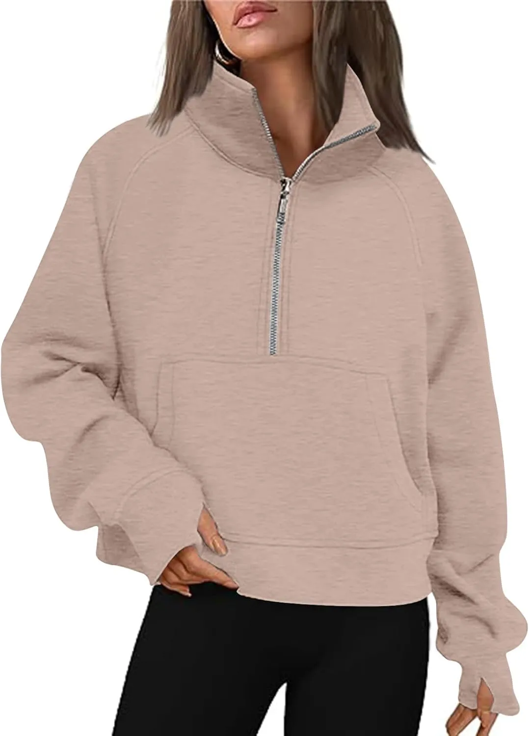 Half Zip Sweatshirts for Women Cropped Fleece Pullover Tops Thumb Hole Long Sleeve Hoodies Winter Clothes Sweaters