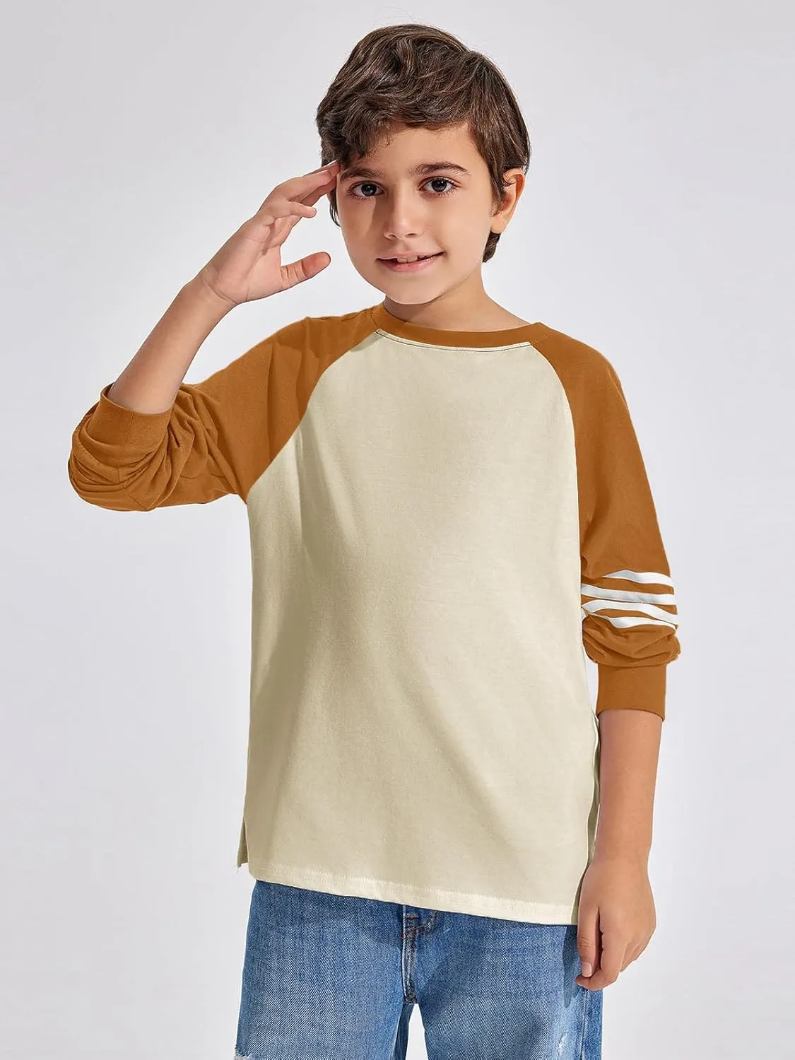 Haloumoning Boys Long Sleeve Raglan T-Shirts Casual Colorblock Crewneck Tops Tees 4-14 Years