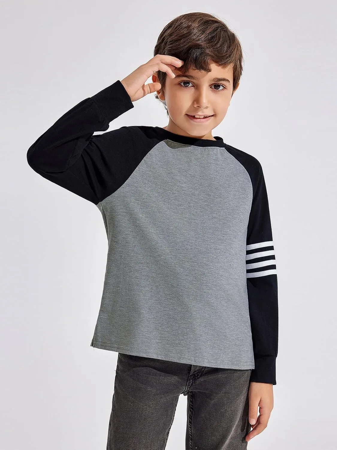 Haloumoning Boys Long Sleeve Raglan T-Shirts Casual Colorblock Crewneck Tops Tees 4-14 Years