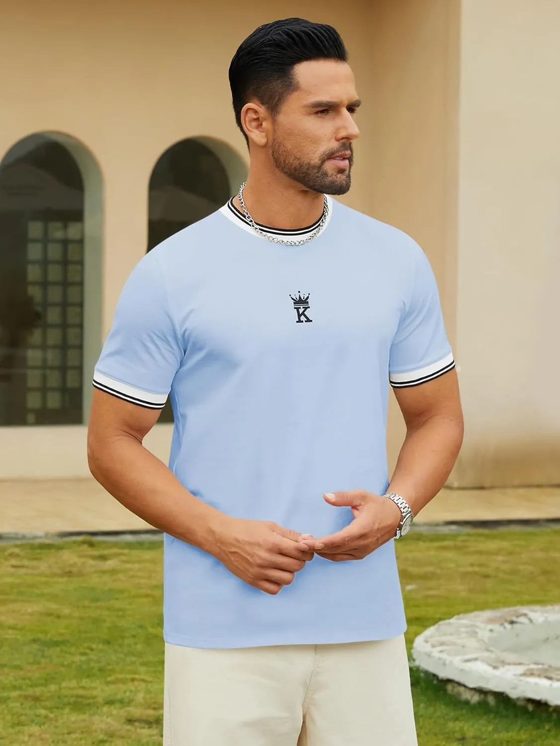 Hardaddy Men's Casual Letter Graphic Print Striped Trim Tee Tops Summer Short Sleeve Round Neck T-Shirt