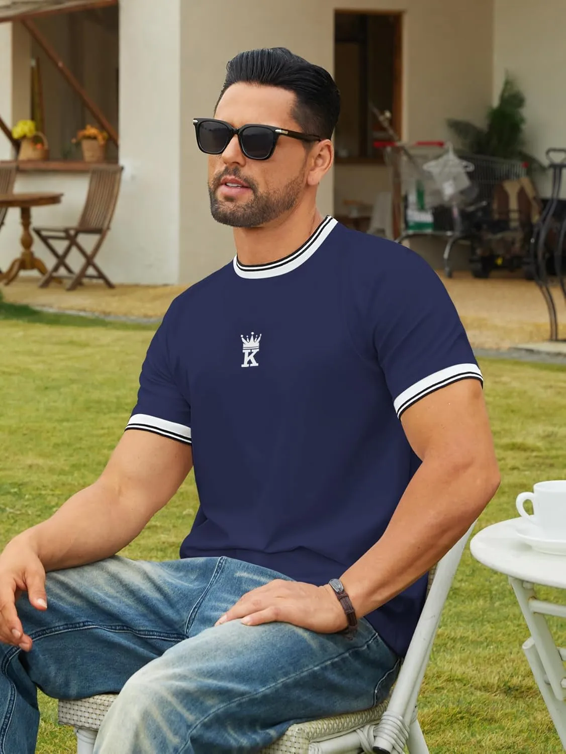 Hardaddy Men's Casual Letter Graphic Print Striped Trim Tee Tops Summer Short Sleeve Round Neck T-Shirt