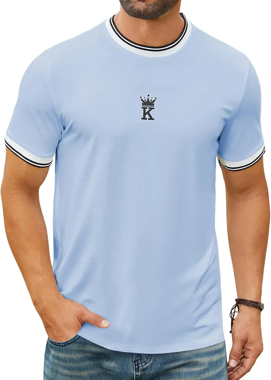 Hardaddy Men's Casual Letter Graphic Print Striped Trim Tee Tops Summer Short Sleeve Round Neck T-Shirt