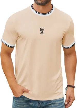 Hardaddy Men's Casual Letter Graphic Print Striped Trim Tee Tops Summer Short Sleeve Round Neck T-Shirt