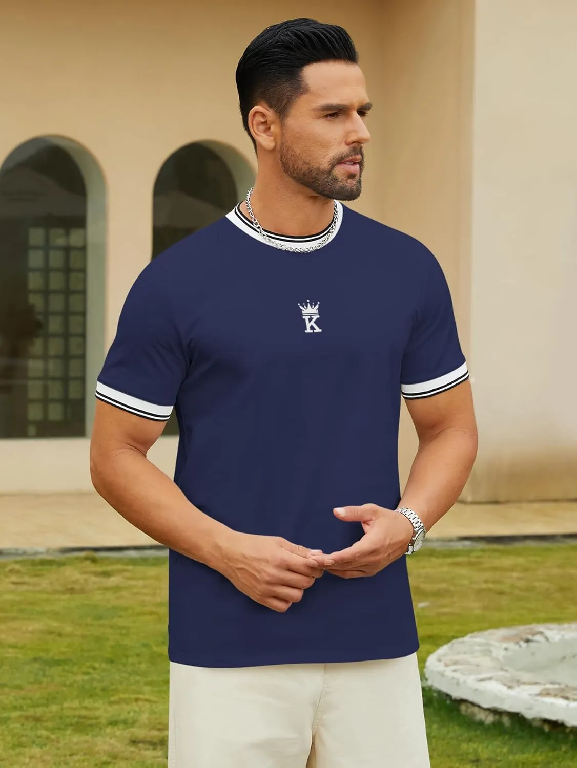 Hardaddy Men's Casual Letter Graphic Print Striped Trim Tee Tops Summer Short Sleeve Round Neck T-Shirt