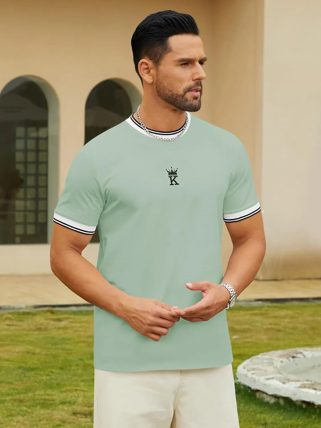 Hardaddy Men's Casual Letter Graphic Print Striped Trim Tee Tops Summer Short Sleeve Round Neck T-Shirt