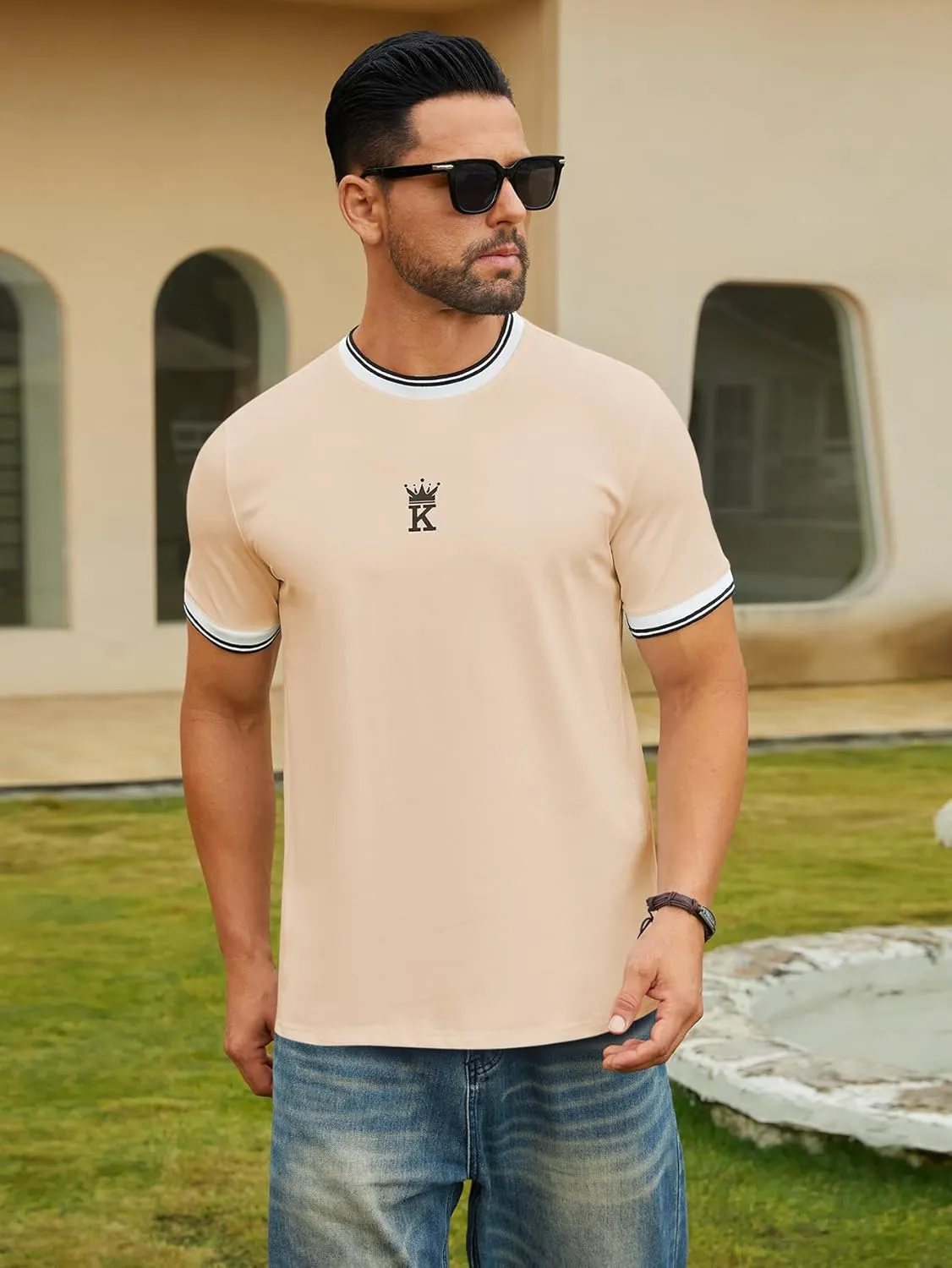 Hardaddy Men's Casual Letter Graphic Print Striped Trim Tee Tops Summer Short Sleeve Round Neck T-Shirt