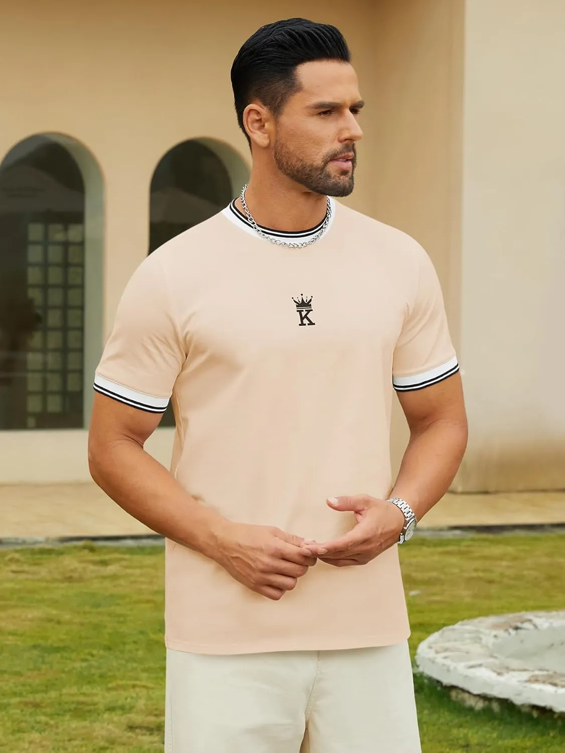 Hardaddy Men's Casual Letter Graphic Print Striped Trim Tee Tops Summer Short Sleeve Round Neck T-Shirt