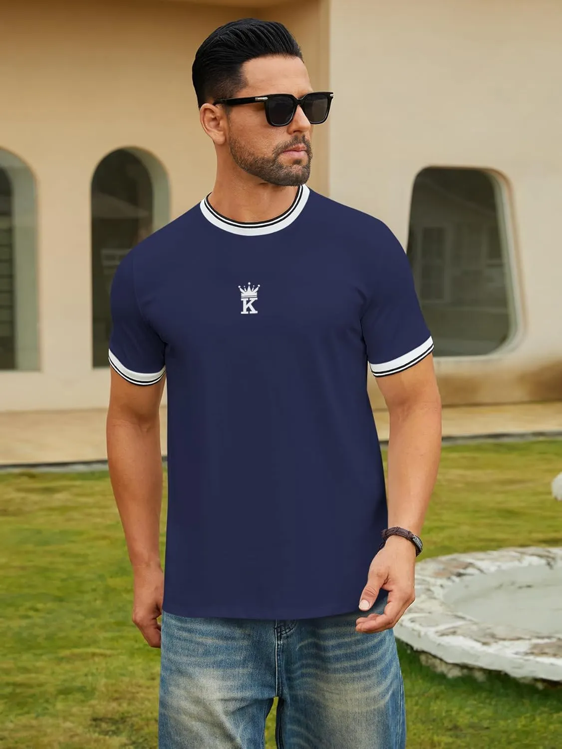 Hardaddy Men's Casual Letter Graphic Print Striped Trim Tee Tops Summer Short Sleeve Round Neck T-Shirt