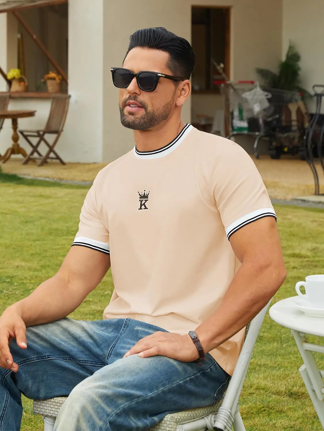 Hardaddy Men's Casual Letter Graphic Print Striped Trim Tee Tops Summer Short Sleeve Round Neck T-Shirt