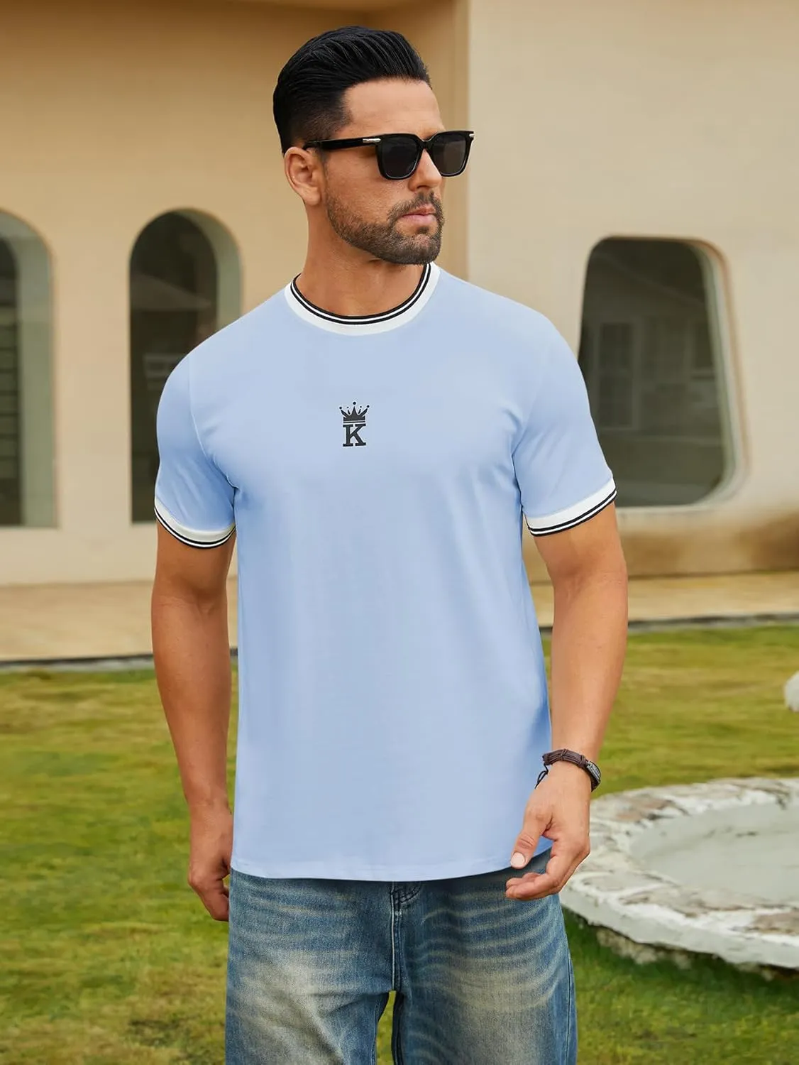 Hardaddy Men's Casual Letter Graphic Print Striped Trim Tee Tops Summer Short Sleeve Round Neck T-Shirt