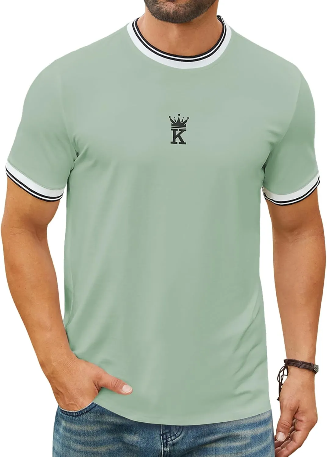 Hardaddy Men's Casual Letter Graphic Print Striped Trim Tee Tops Summer Short Sleeve Round Neck T-Shirt