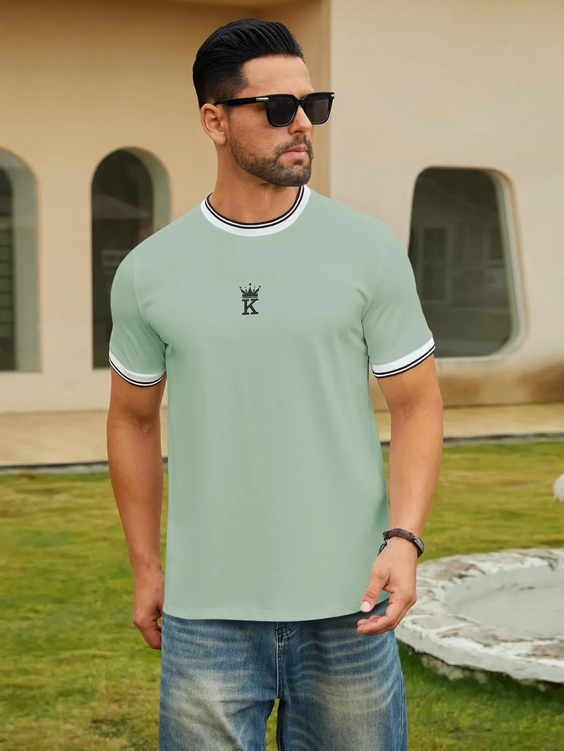 Hardaddy Men's Casual Letter Graphic Print Striped Trim Tee Tops Summer Short Sleeve Round Neck T-Shirt