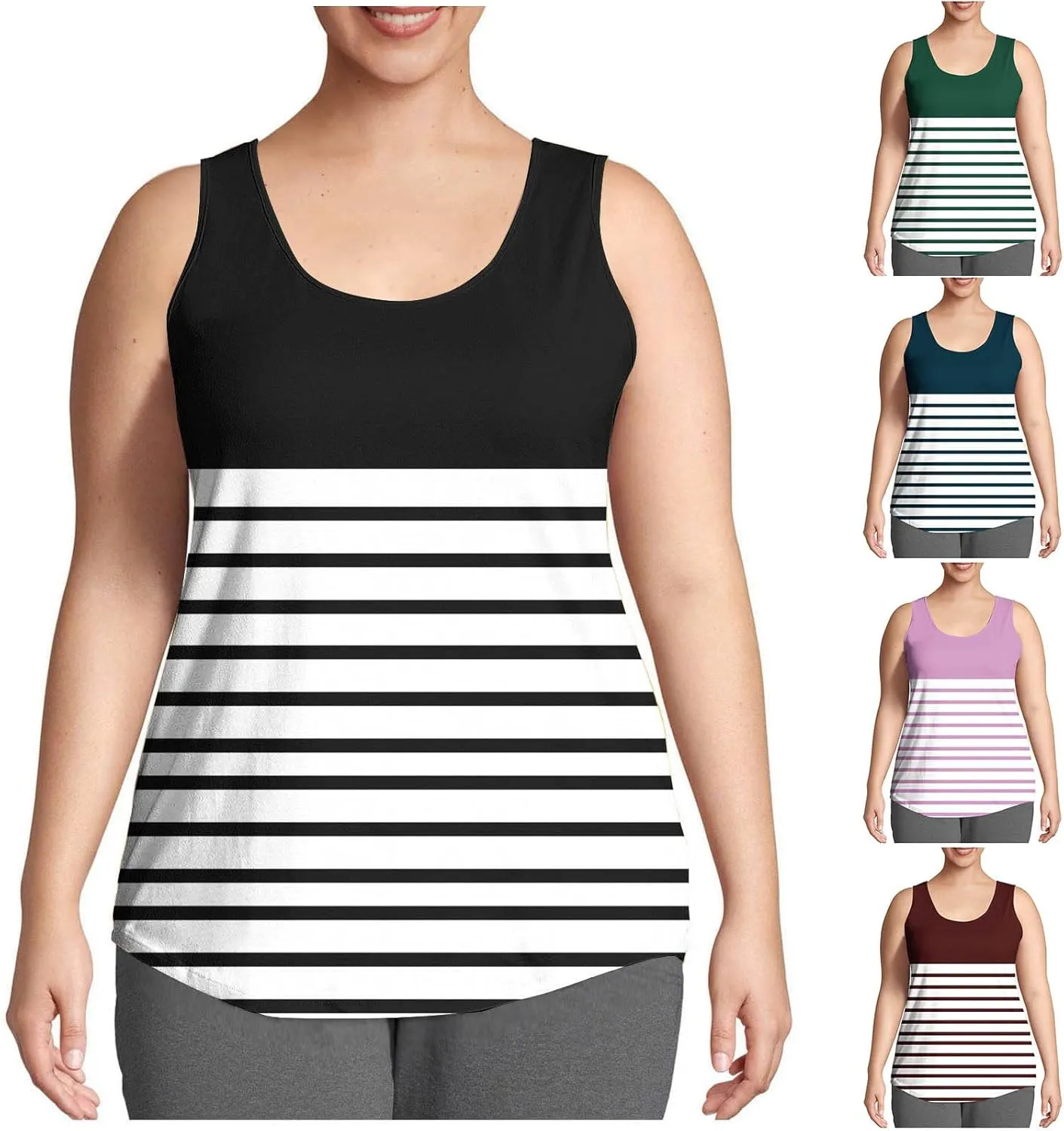 HGps8w Casual Striped Tank Top for Women Plus Size Trendy Summer Sleeveless Crewneck Loose Fit Colorblock Tunic Tee Shirts