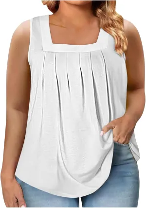 HGps8w Plus Size Tank Tops for Women Pleated Square Neck Tunic Blouse Casual 2025 Summer Loose Colorblock Sleeveless T-Shirts