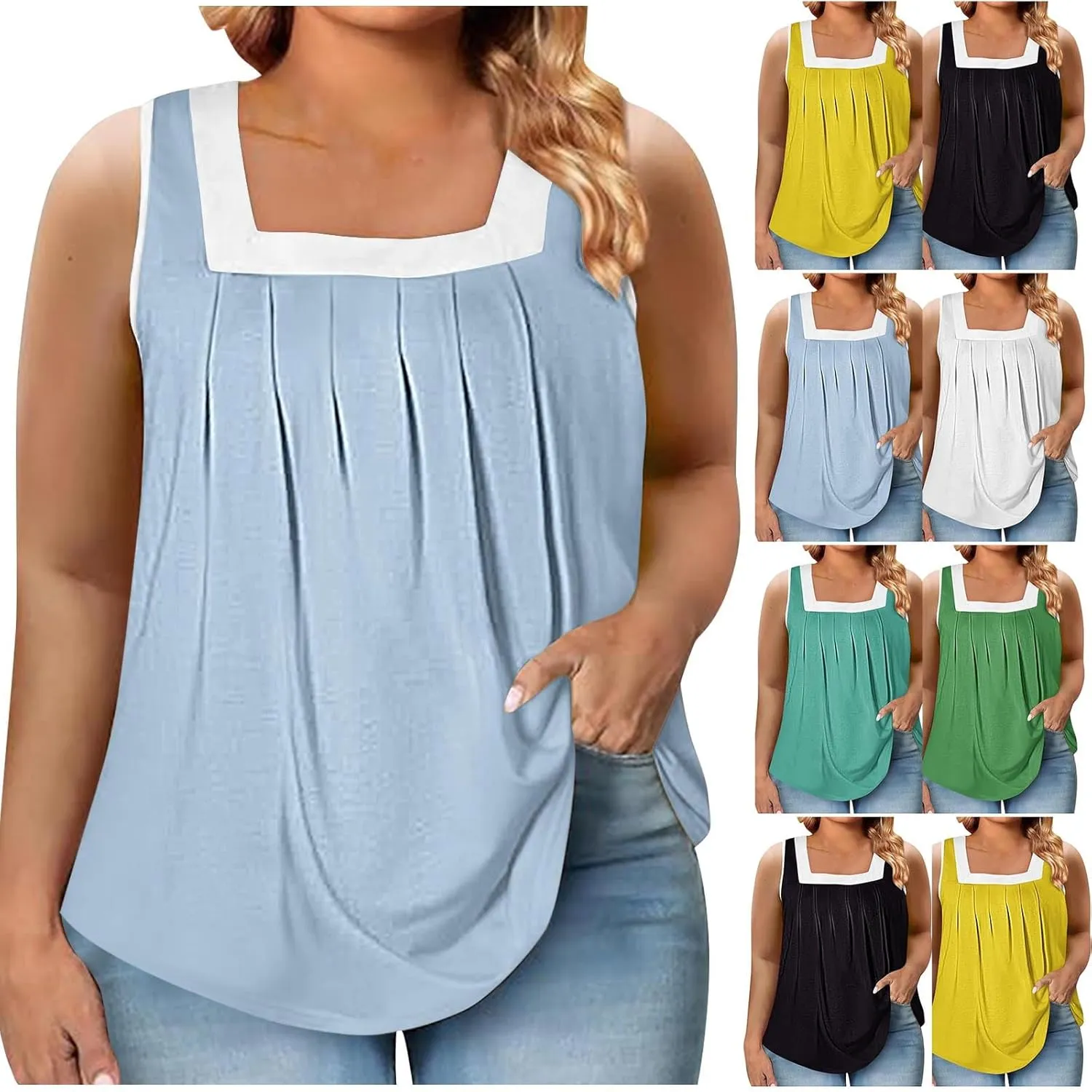 HGps8w Plus Size Tank Tops for Women Pleated Square Neck Tunic Blouse Casual 2025 Summer Loose Colorblock Sleeveless T-Shirts
