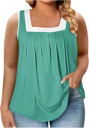 HGps8w Plus Size Tank Tops for Women Pleated Square Neck Tunic Blouse Casual 2025 Summer Loose Colorblock Sleeveless T-Shirts